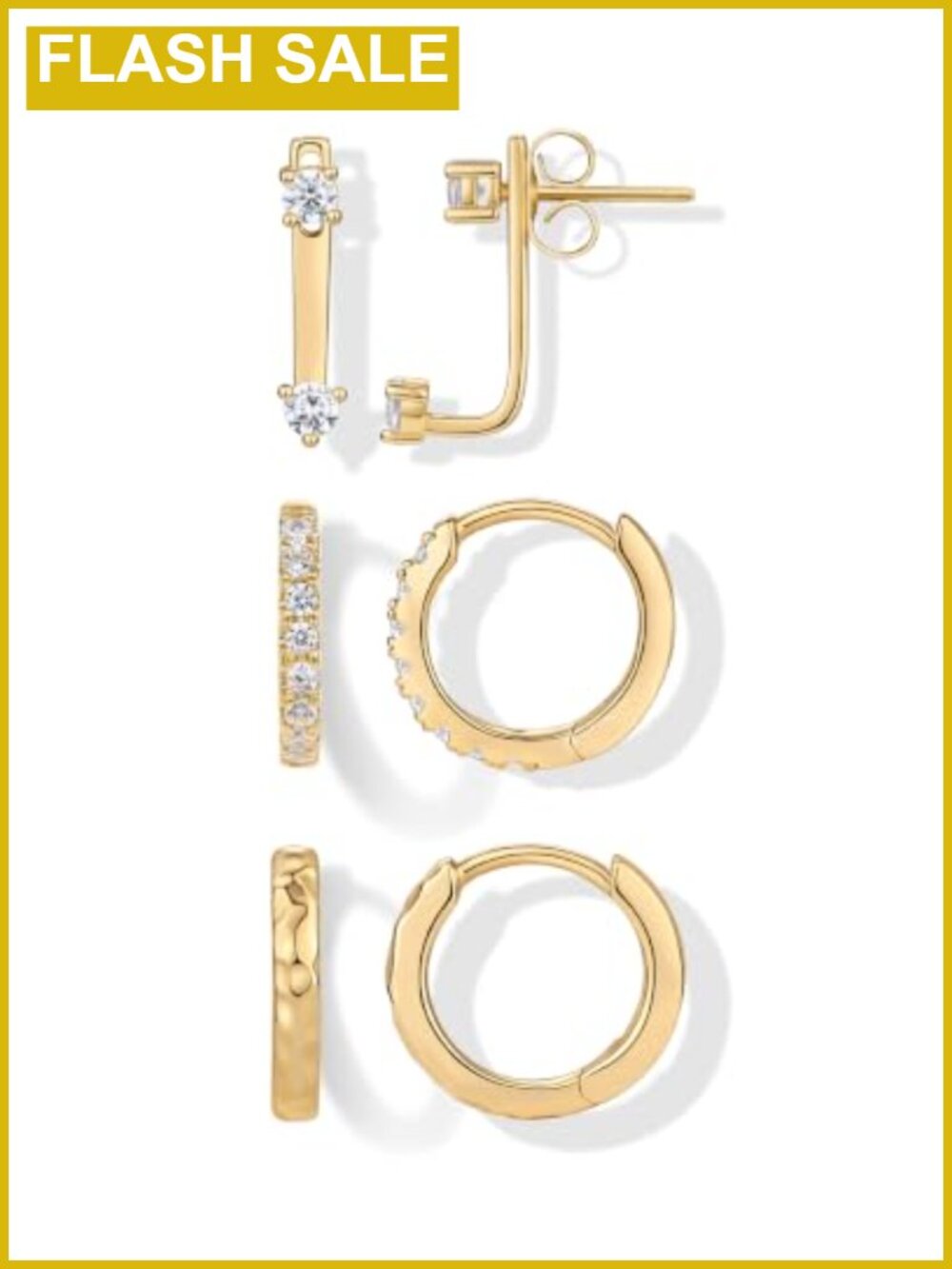 Pack of 3 Gold Plated Huggie Earrings for Women, 14K Gold Plated Earring Stacks